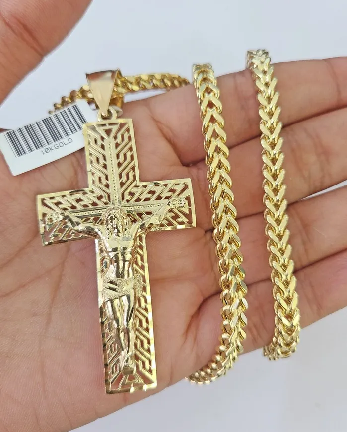 Necklaces Gold and Diamond 10K Franco Chain Jesus Cross Pendant Charm Necklace 2026 5mm Gold SET Yellow