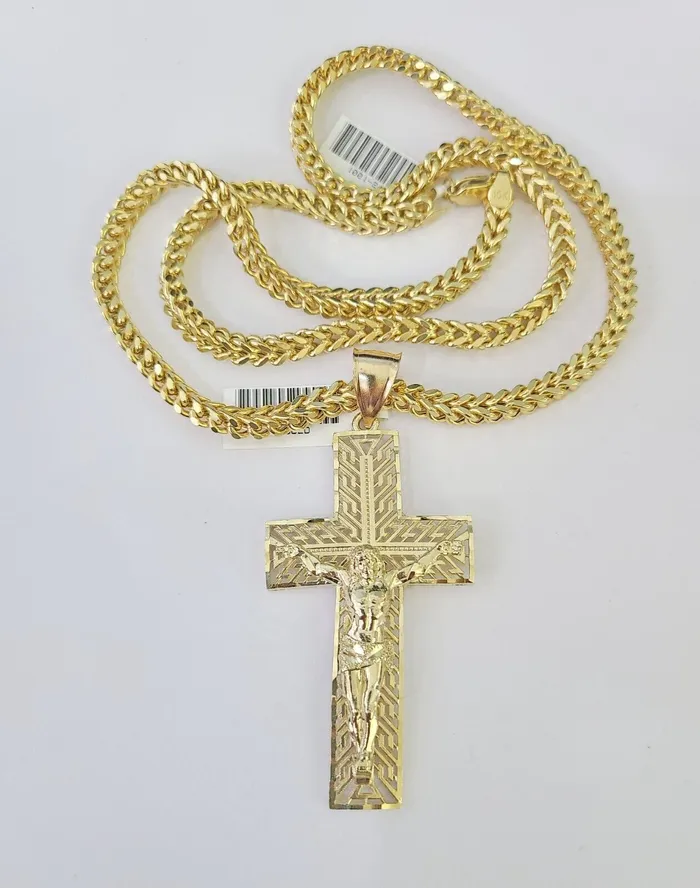 Necklaces Gold and Diamond 10K Franco Chain Jesus Cross Pendant Charm Necklace 2026 5mm Gold SET Yellow