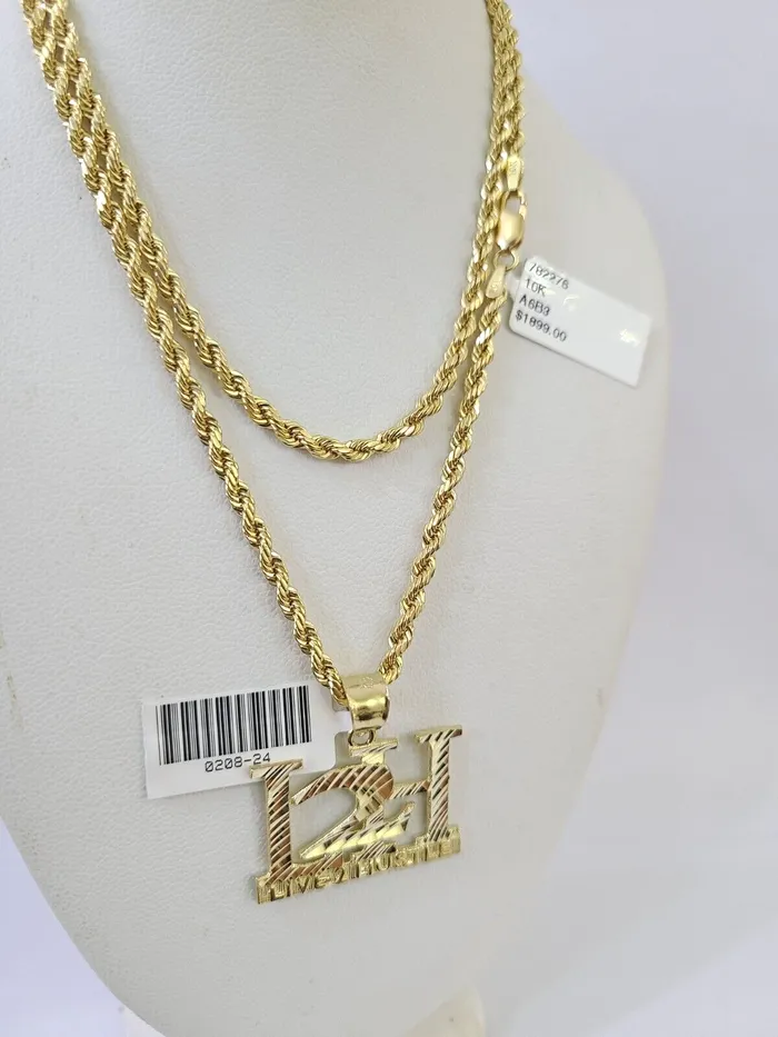 Necklaces Gold and Diamond 10k Gold Live 2 Hustle Pendant Rope Chain 3mm 18 Necklace Set L2H Real Yellow Necklaces Gold and Diamond 10k Gold Live 2 Hustle Pendant Rope Chain 3mm 18 Necklace Set L2H Real Yellow