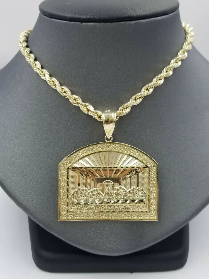 Necklaces Gold and Diamond 10k Yellow Gold Last supper pendant with Rope 26Chain Mens Necklace Diamond Cut Necklaces Gold and Diamond 10k Yellow Gold Last supper pendant with Rope 26Chain Mens Necklace Diamond Cut