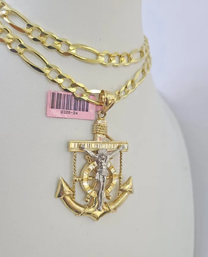 Necklaces Gold and Diamond 14k Figaro Chain Jesus Anchor Charm Pendant Gold 7mm 2030 inch SET Necklace Necklaces Gold and Diamond 14k Figaro Chain Jesus Anchor Charm Pendant Gold 7mm 2030 inch SET Necklace