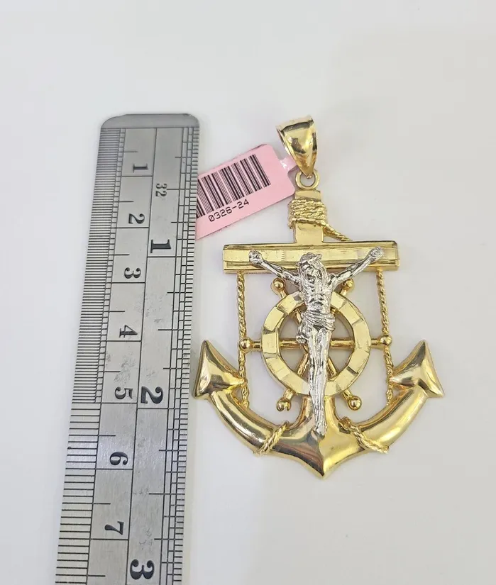 Necklaces Gold and Diamond 14k Figaro Chain Jesus Anchor Charm Pendant Gold 7mm 2030 inch SET Necklace
