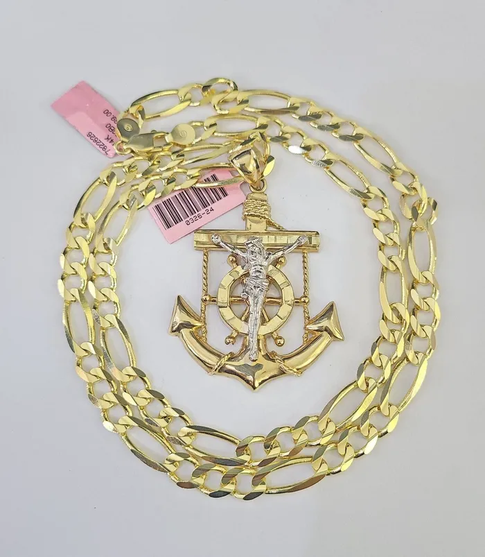 Necklaces Gold and Diamond 14k Figaro Chain Jesus Anchor Charm Pendant Gold 7mm 2030 inch SET Necklace