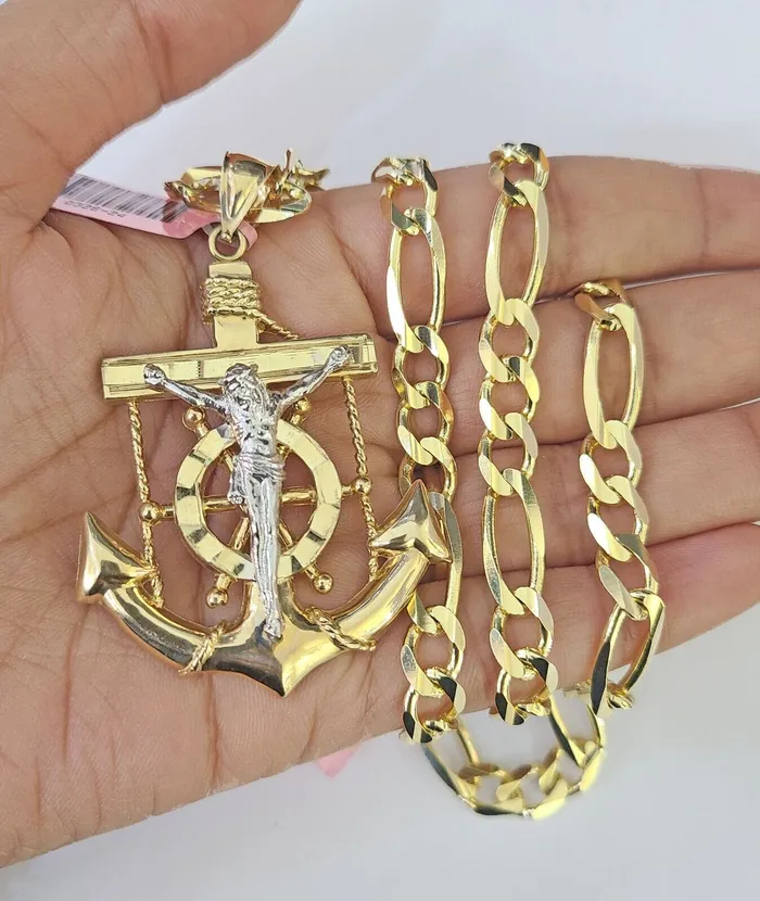 Necklaces Gold and Diamond 14k Figaro Chain Jesus Anchor Charm Pendant Gold 7mm 2030 inch SET Necklace