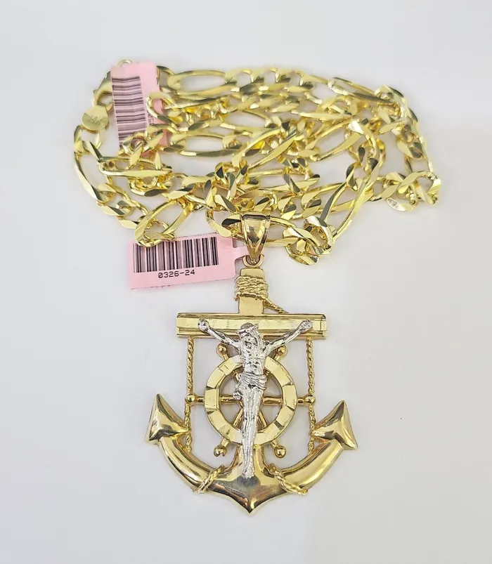 Necklaces Gold and Diamond 14k Figaro Chain Jesus Anchor Charm Pendant Gold 7mm 2030 inch SET Necklace