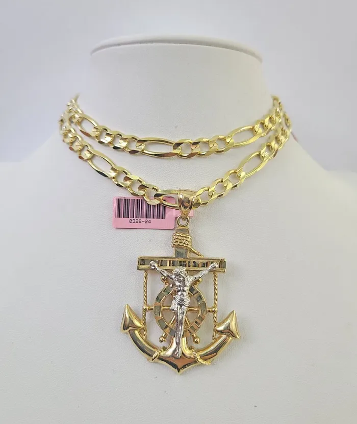 Necklaces Gold and Diamond 14k Figaro Chain Jesus Anchor Charm Pendant Gold 7mm 2030 inch SET Necklace