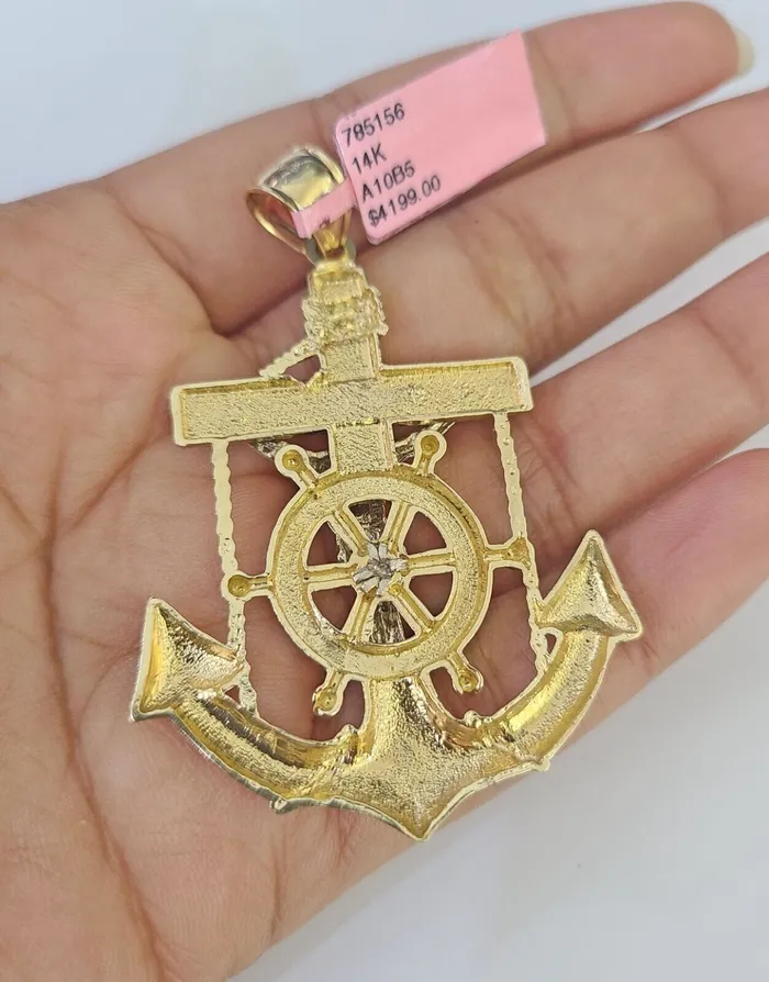 Necklaces Gold and Diamond 14k Figaro Chain Jesus Anchor Charm Pendant Gold 7mm 2030 inch SET Necklace