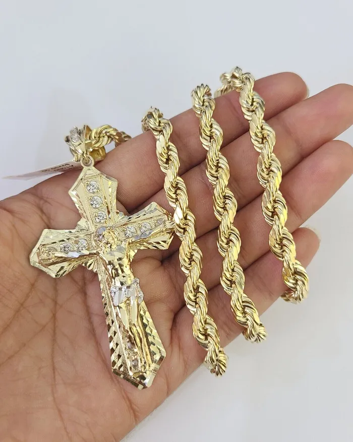 Necklaces Real 10k Rope Chain Jesus Cross Charm Set 7mm 2028 Inch Necklace Yellow Gold Gold and Diamond Necklaces Real 10k Rope Chain Jesus Cross Charm Set 7mm 2028 Inch Necklace Yellow Gold Gold and Diamond
