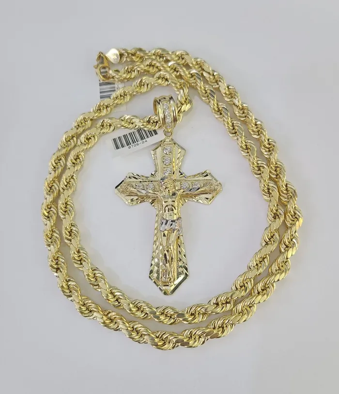 Necklaces Real 10k Rope Chain Jesus Cross Charm Set 7mm 2028 Inch Necklace Yellow Gold Gold and Diamond