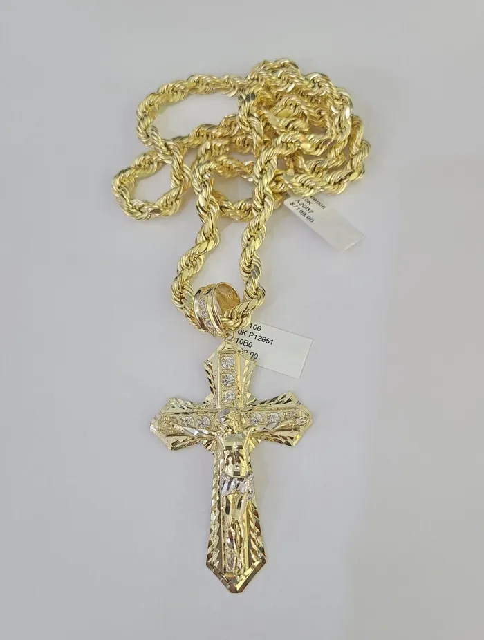 Necklaces Real 10k Rope Chain Jesus Cross Charm Set 7mm 2028 Inch Necklace Yellow Gold Gold and Diamond