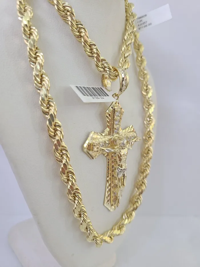 Necklaces Real 10k Rope Chain Jesus Cross Charm Set 7mm 2028 Inch Necklace Yellow Gold Gold and Diamond