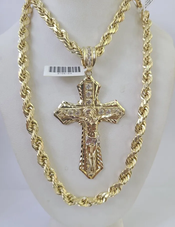 Necklaces Real 10k Rope Chain Jesus Cross Charm Set 7mm 2028 Inch Necklace Yellow Gold Gold and Diamond