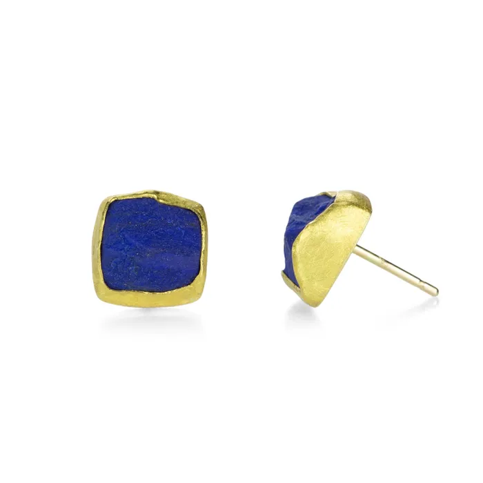 Petra Class Rings 22k Rectangular Rough Cut Lapis Studs
