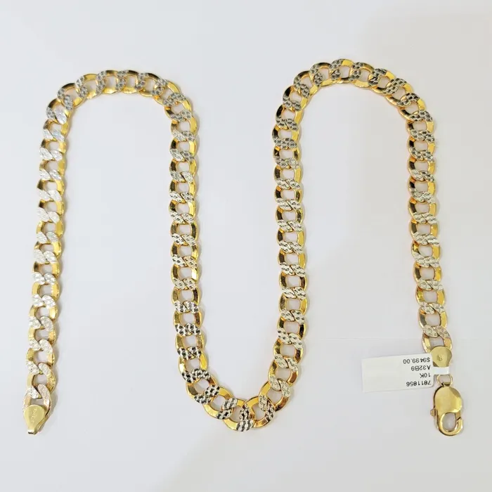 PreStyled Sets Gold and Diamond Real 10k Yellow Gold Cuban Curb Link Chain 10mm gold with diamond cuts