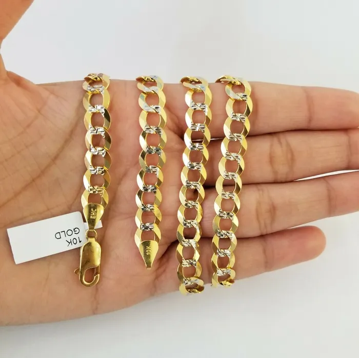 PreStyled Sets Gold and Diamond Real 10k Yellow Gold Cuban Curb Link Chain 10mm gold with diamond cuts