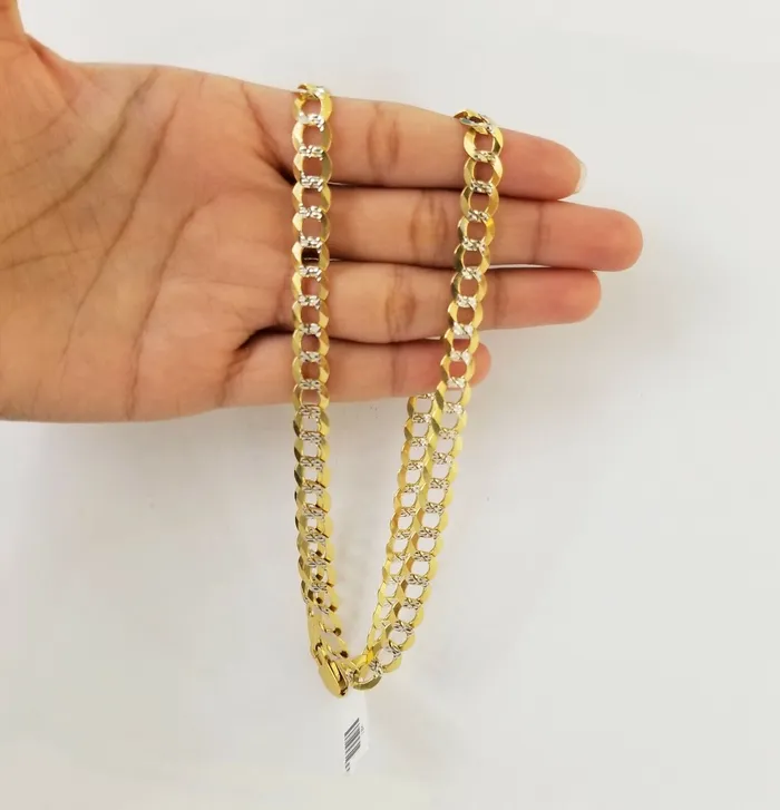 PreStyled Sets Gold and Diamond Real 10k Yellow Gold Cuban Curb Link Chain 10mm gold with diamond cuts