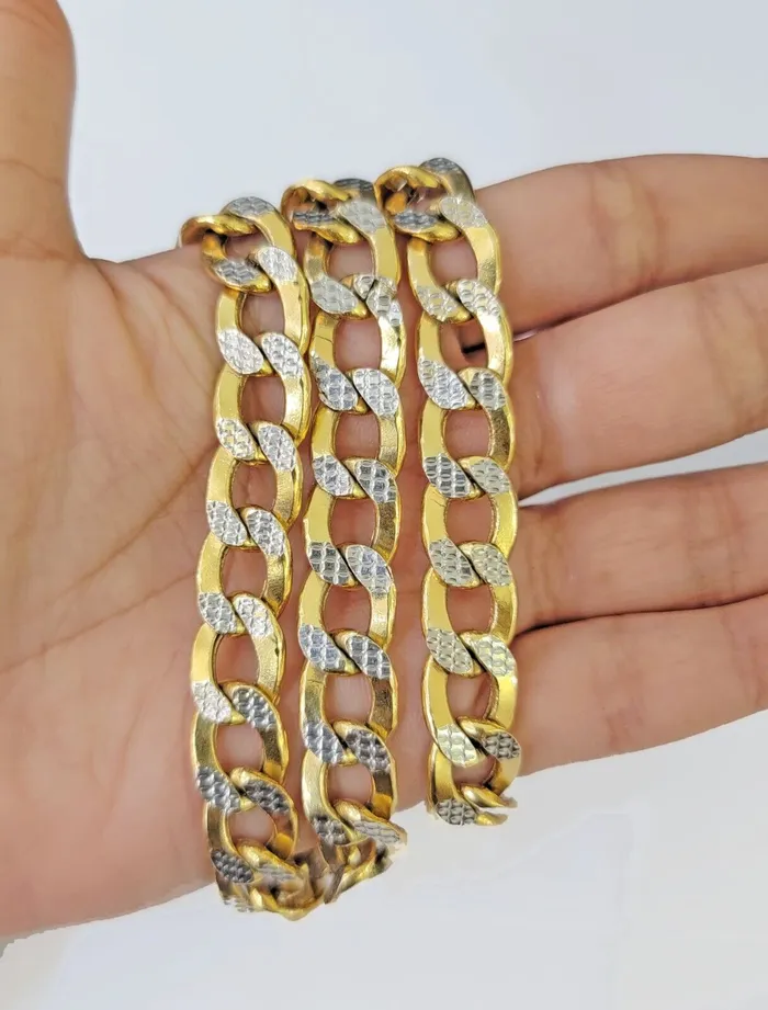 PreStyled Sets Gold and Diamond Real 10k Yellow Gold Cuban Curb Link Chain 10mm gold with diamond cuts