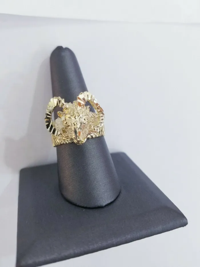 Real 10k Yellow Gold Antler Deer Head Mens Horn Goat Head Ring Diamond Cut Gold and Diamond Rings