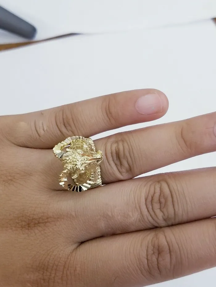 Real 10k Yellow Gold Antler Deer Head Mens Horn Goat Head Ring Diamond Cut Gold and Diamond Rings