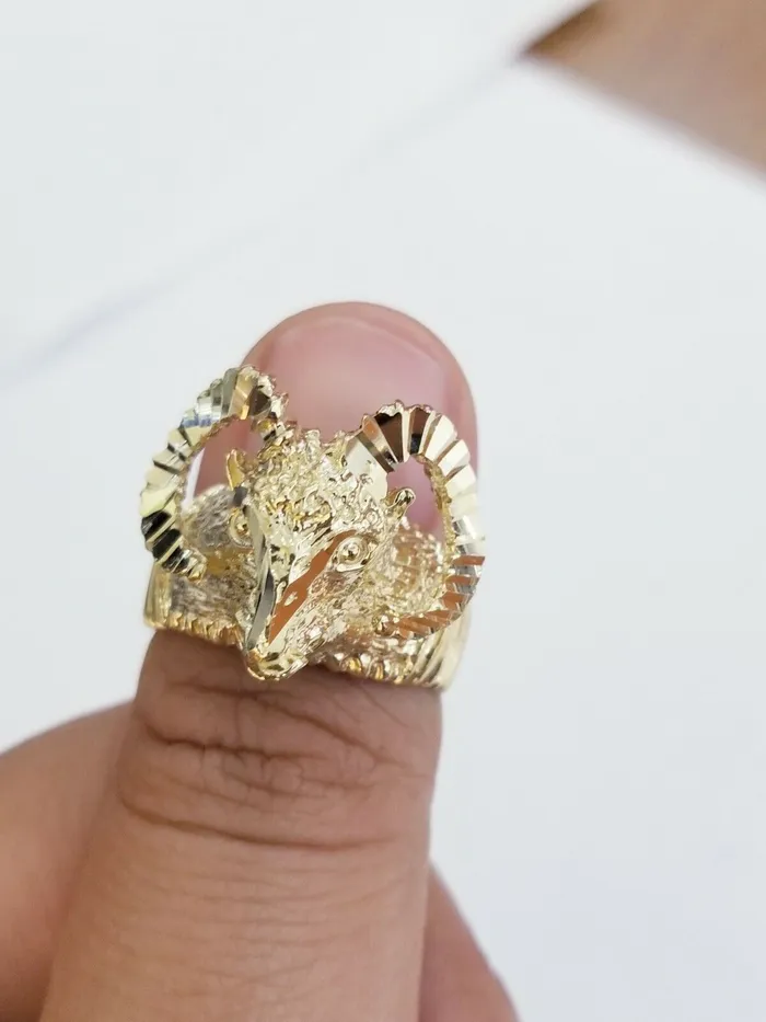 Real 10k Yellow Gold Antler Deer Head Mens Horn Goat Head Ring Diamond Cut Gold and Diamond Rings