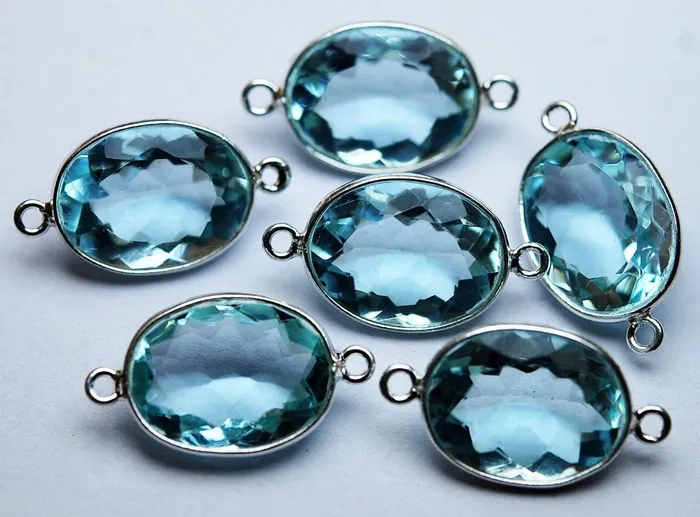 Rings Beads Supplies USA 925 Sterling SilverAquamarine Blue Quartz Faceted Oval Shape Connector 2 Piece Of 23mm Approx
