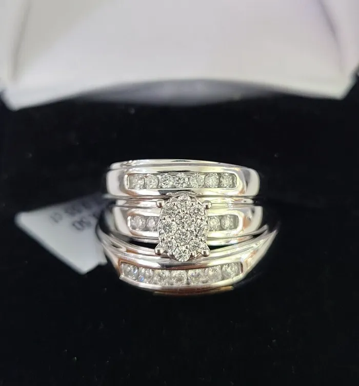 Rings Gold and Diamond REAL 10k White Gold Diamond Ring Ladies Men Trio SET Wedding Engagement Genuine Rings Gold and Diamond REAL 10k White Gold Diamond Ring Ladies Men Trio SET Wedding Engagement Genuine