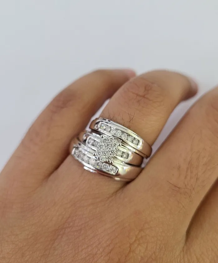 Rings Gold and Diamond REAL 10k White Gold Diamond Ring Ladies Men Trio SET Wedding Engagement Genuine