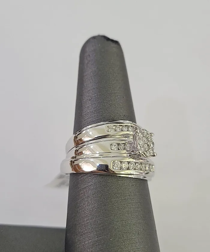 Rings Gold and Diamond REAL 10k White Gold Diamond Ring Ladies Men Trio SET Wedding Engagement Genuine