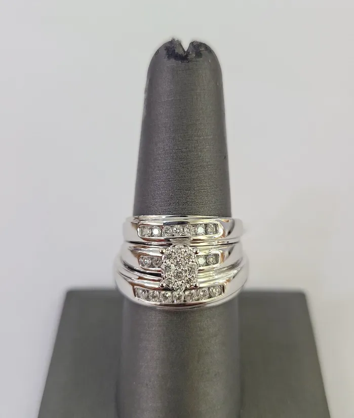 Rings Gold and Diamond REAL 10k White Gold Diamond Ring Ladies Men Trio SET Wedding Engagement Genuine