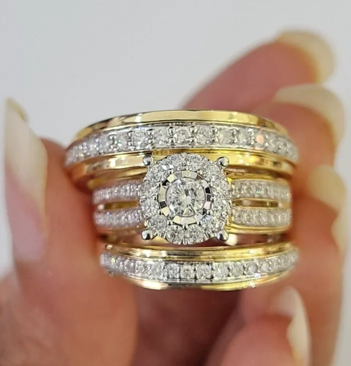 Rings Gold and Diamond REAL 14k Diamond Ring Yellow Gold Ladies Men Trio SET Wedding Engagement Genuine Rings Gold and Diamond REAL 14k Diamond Ring Yellow Gold Ladies Men Trio SET Wedding Engagement Genuine