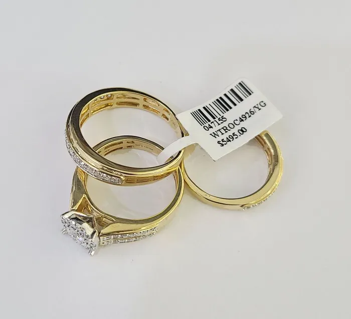 Rings Gold and Diamond REAL 14k Diamond Ring Yellow Gold Ladies Men Trio SET Wedding Engagement Genuine