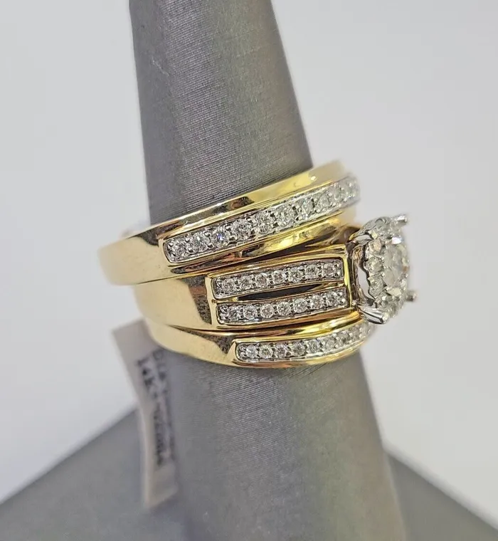 Rings Gold and Diamond REAL 14k Diamond Ring Yellow Gold Ladies Men Trio SET Wedding Engagement Genuine