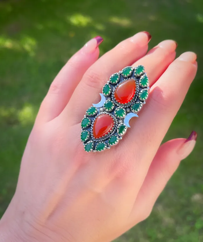 Sterling Silver Double Stone Crawler CARNELIAN WITH FACETED GREEN Quartz Sophiareneboutiquecom Rings
