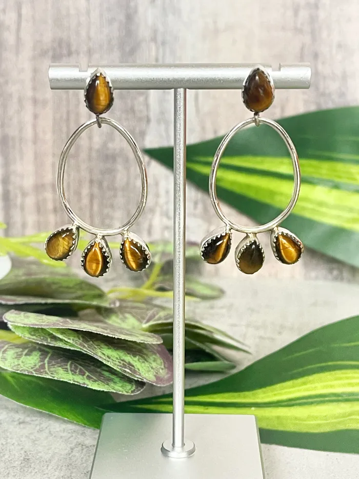 Sterling Silver Stone Post Hoop Triple Stone Earrings SophiaRene Boutique Earrings