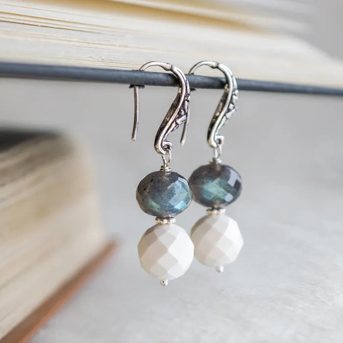 Elisa Ilana Earrings Labradorite Faceted White Quartz Earrings