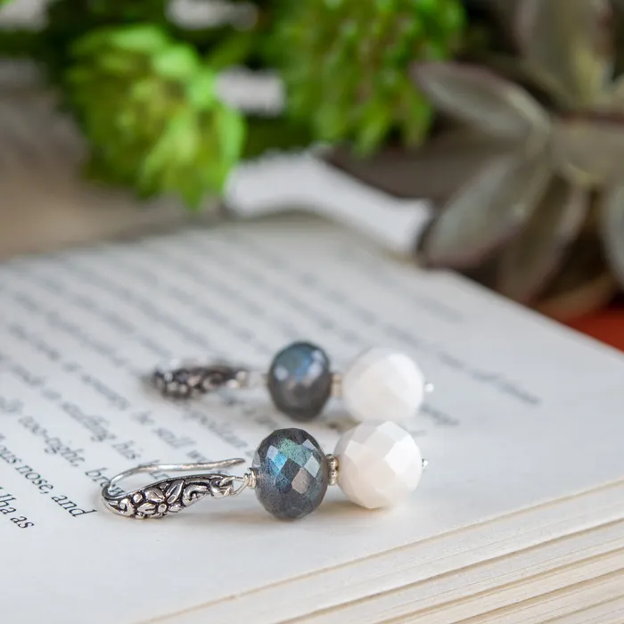 Elisa Ilana Earrings Labradorite Faceted White Quartz Earrings