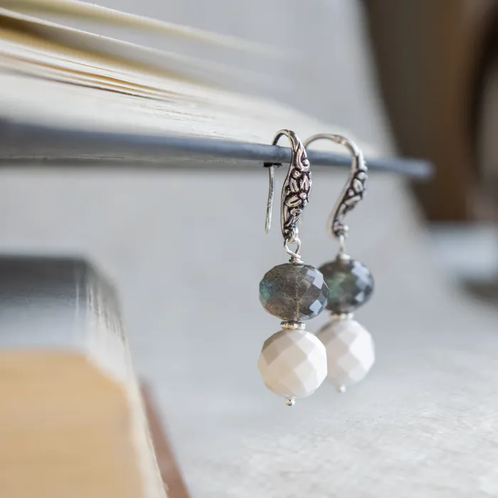 Elisa Ilana Earrings Labradorite Faceted White Quartz Earrings