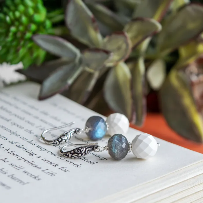 Elisa Ilana Earrings Labradorite Faceted White Quartz Earrings