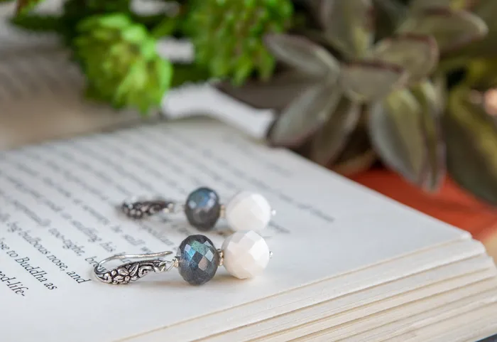 Elisa Ilana Earrings Labradorite Faceted White Quartz Earrings