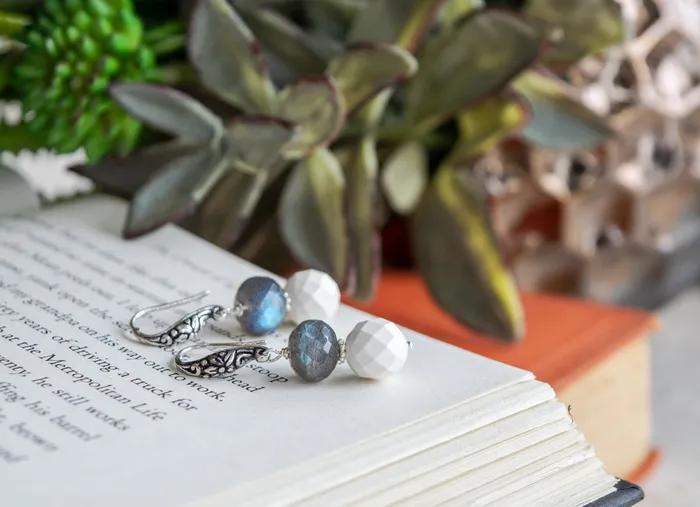 Elisa Ilana Earrings Labradorite Faceted White Quartz Earrings