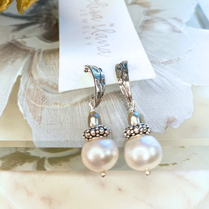 Elisa Ilana Earrings White Button Pearl Earrings on SS Posts