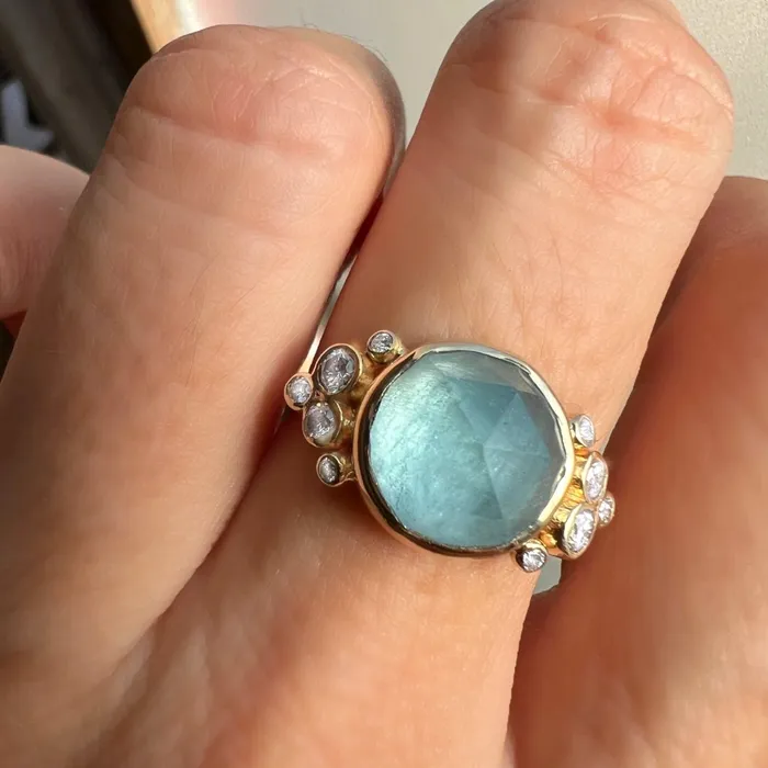 Emily Amey Jewelry Rings Aquamarine with Diamond shoulders ring in 14k yellow gold