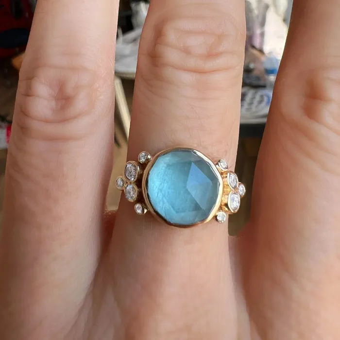 Emily Amey Jewelry Rings Aquamarine with Diamond shoulders ring in 14k yellow gold