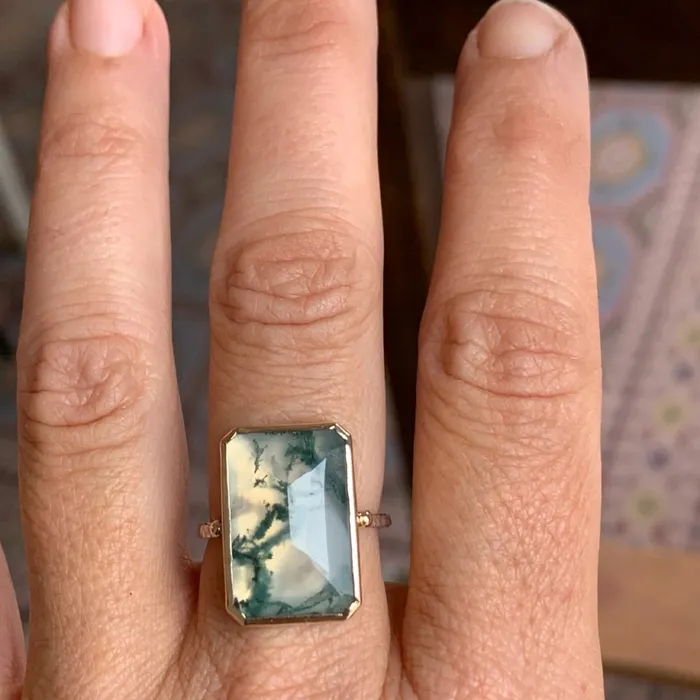 Emily Amey Jewelry Rings Moss Agate Portrait cut ring in 14k gold and sterling silver