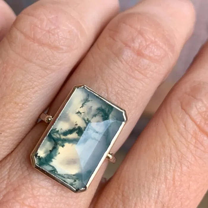 Emily Amey Jewelry Rings Moss Agate Portrait cut ring in 14k gold and sterling silver