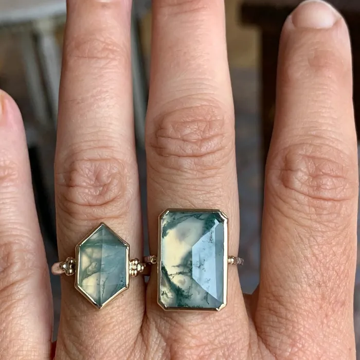 Emily Amey Jewelry Rings Moss Agate Portrait cut ring in 14k gold and sterling silver