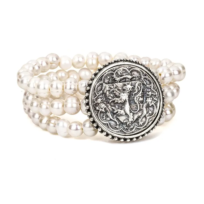 French Kande Bracelets TripleStrand Freshwater Pearl Bracelet with Silver Medallion