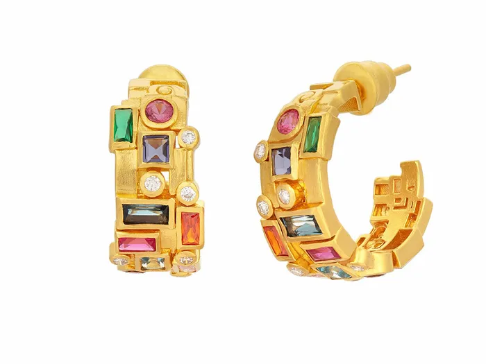 GG GOLD CLS Earrings GURHAN Embrace Gold Mixed Stone Hoop Earrings 9mm Wide Tapered GG GOLD CLS Earrings GURHAN Embrace Gold Mixed Stone Hoop Earrings 9mm Wide Tapered