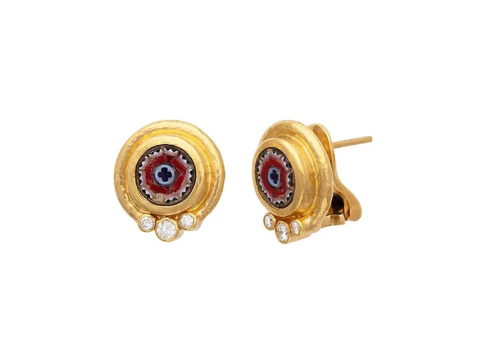 GG GOLD OOAK Earrings GURHAN Antiquities Gold Micro Mosaic Stud Earrings 8mm Round Floral Motif set in Wide Frame GG GOLD OOAK Earrings GURHAN Antiquities Gold Micro Mosaic Stud Earrings 8mm Round Floral Motif set in Wide Frame