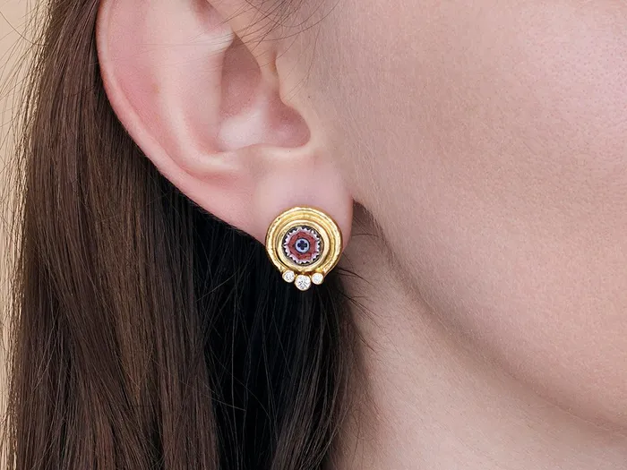 GG GOLD OOAK Earrings GURHAN Antiquities Gold Micro Mosaic Stud Earrings 8mm Round Floral Motif set in Wide Frame GG GOLD OOAK Earrings GURHAN Antiquities Gold Micro Mosaic Stud Earrings 8mm Round Floral Motif set in Wide Frame